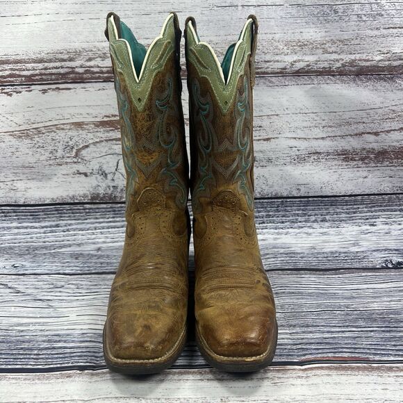 Justin Sevana Brown & Green Leather Square Toe Western Boots SVL7312 Women’s 9 - Picture 2 of 7
